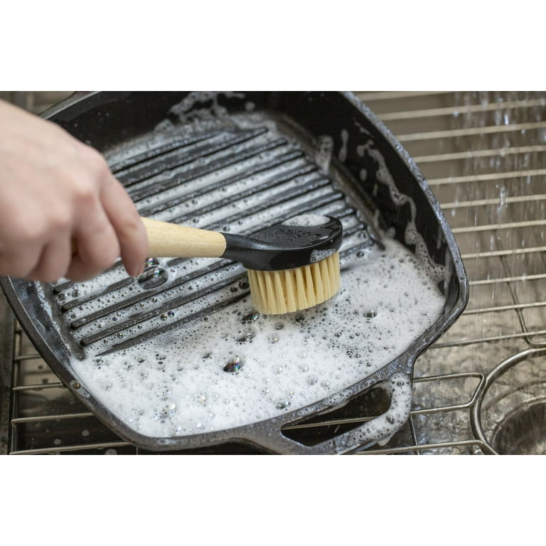 Chef Master 90058 Cast Iron Scrub Brush | Comfortable Plastic Grip |  Quality Nylon Scraper and Bristles | Does not Damage Cast Iron | Use on  Cast Iron