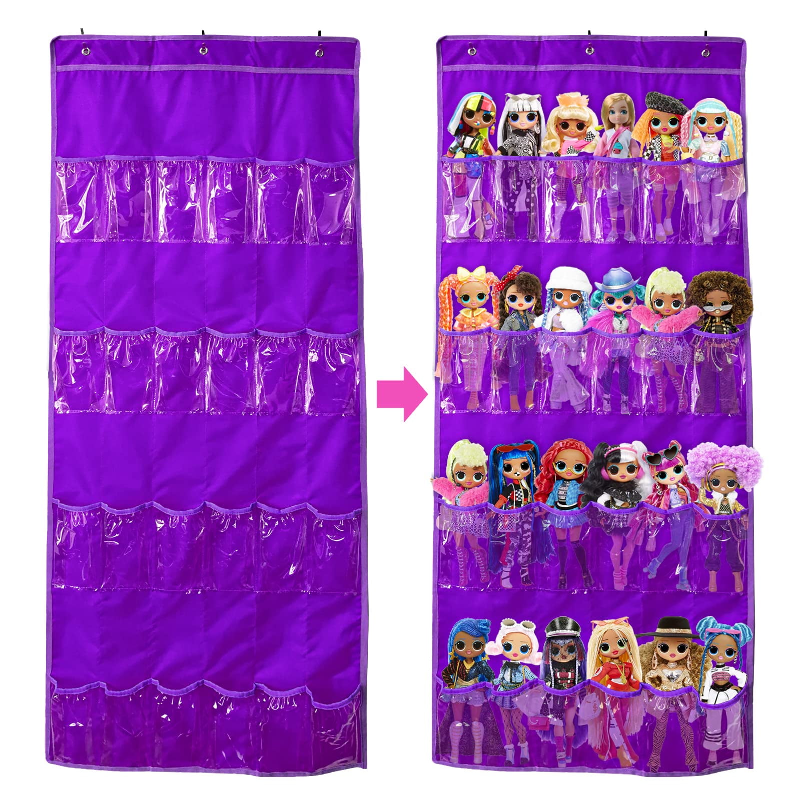 Hanging Over Door Toy Storage Organizer (24 Pockets), Compatible with Lol OMG Dolls Barbie Dolls Surprise Doll (Toys Not Included), Purple(57.5''x22