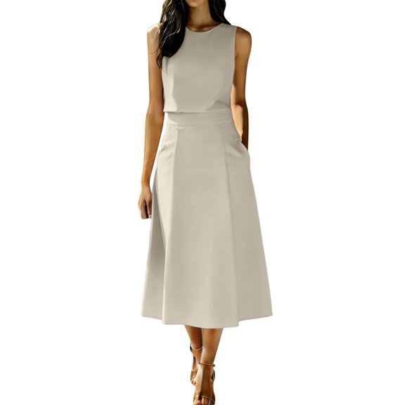RFQWOVSR Women's Solid Color Elegant Round Neck Sleeveless Crop Top Midi Skirt 2 Piece Set Business Casual Summer Dress Outfit XXXL