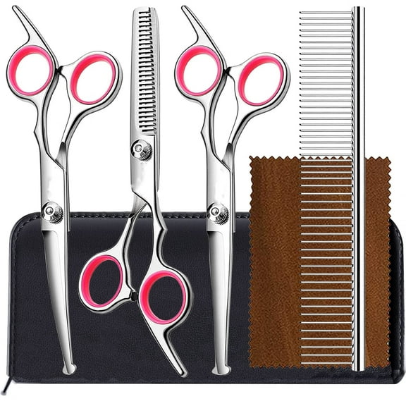 6 in 1 Professional Stainless Steel 4CR Safety Round Tip Dog Grooming Scissors,Anti-Rust Shears Cat Grooming Scissors Pet Kit,Thinning Straight Comb for Long Short Hair-Pink