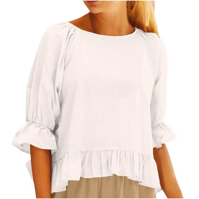 Été Tops pour les Femmes 2022 Col Rond Manches Courtes Coton à Volants en Lin Blouse Casual Couleur Unie Mignon Tunique Chemise