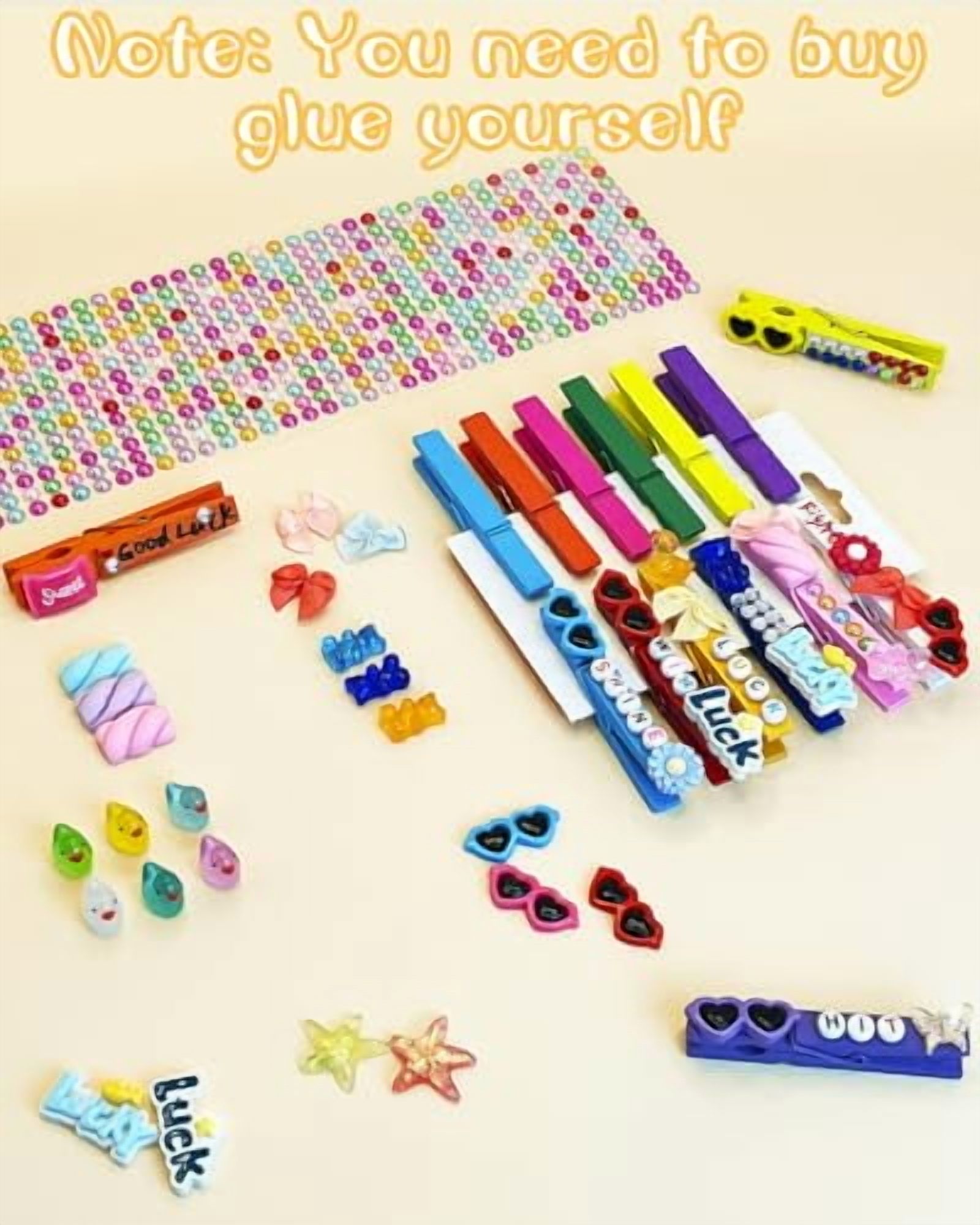 Cheer Pins Spirit Clips – 100 - Pack Multicolor Wooden Clips with Mini Bows, Duck Charms & Self-Adhesive Glitter for DIY Cheer Accessories, Schoolbag Decor, Team Crafts Gifts (Glue Not Included)$$