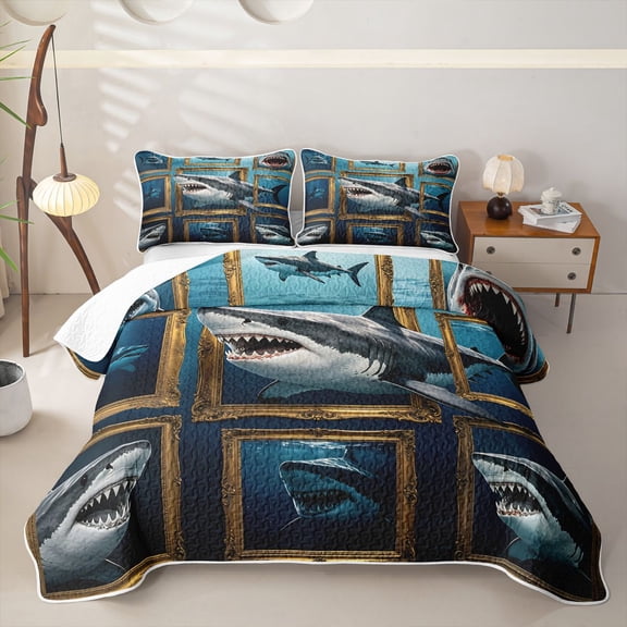 Castle Fairy Collage Shark Portrait Twin Quilt Set,Vintage Framed Ocean Predator Layout Twin Coverlet Set,Teal Brass