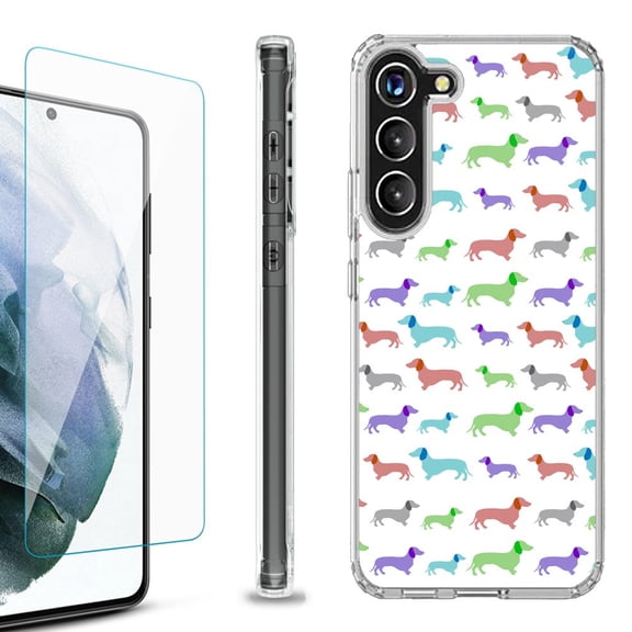 OneToughShield ® for Samsung Galaxy S23  S23 Plus 5G Shockproof Bumper Phone Case, with Tempered Glass Screen Protector - Colorful Dachshund/Puppy
