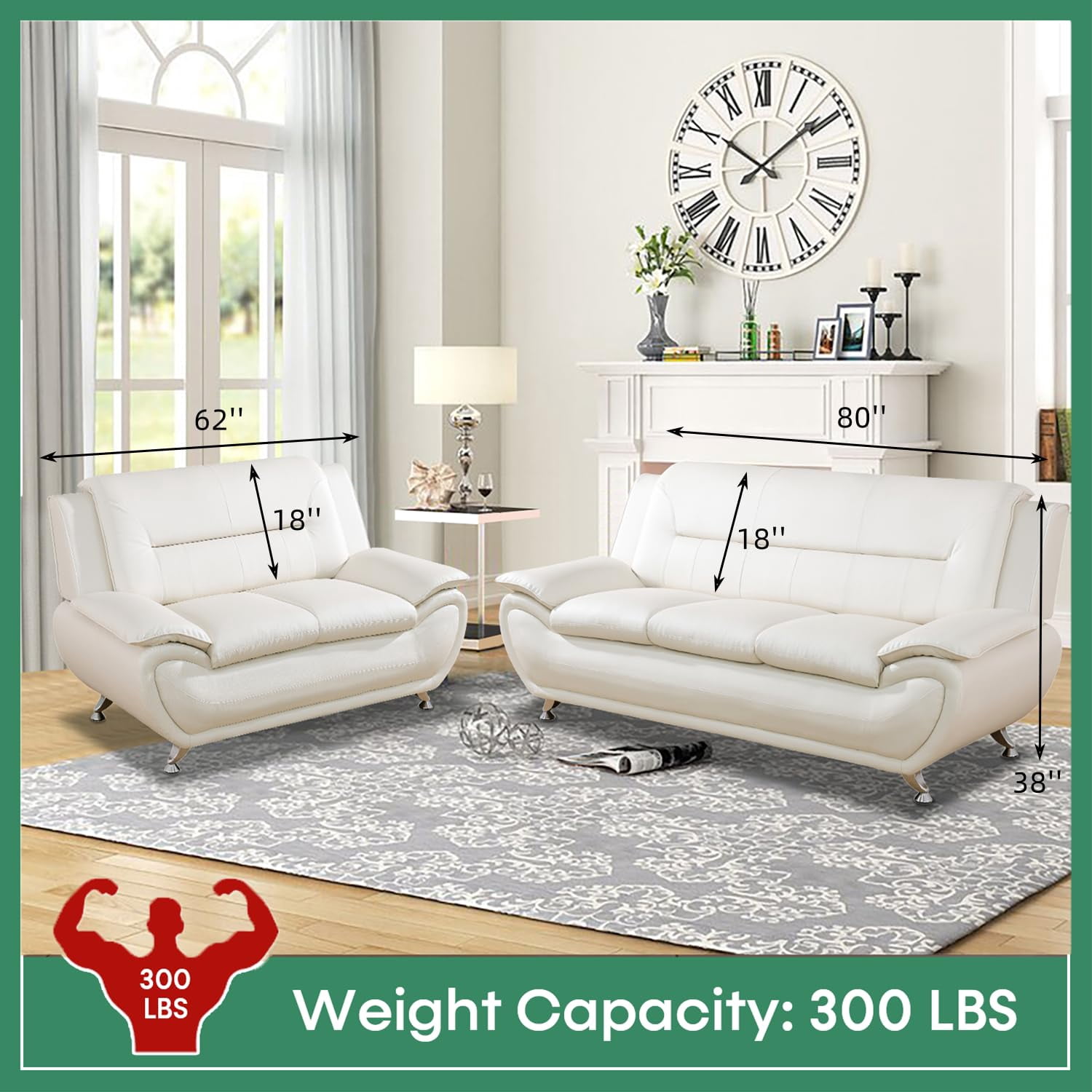 PonLiving Oversize Modern Leather Sofa Set with Loveseat and Armchair, 3-Piece Living Room Furniture Sets, Off White