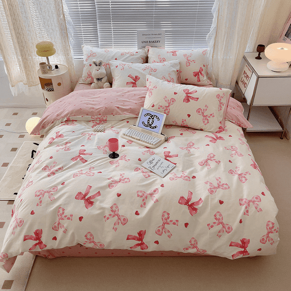 2 Pieces Bowknot Duvet Cover Set Pink Bow Tie Knot Hearts on White Princess Bedding Set Soft Home Cozy and Breathable Twin Comforter Cover Set