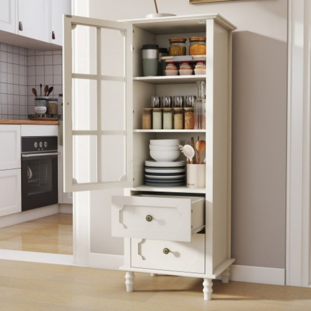 Buffet Cabinet with Glass Doors and Double Drawer, Modern Storage Sideboard Cabinet with Tempered Glass & Solid Wood Legs for Living Room Dining Room, Creamy White