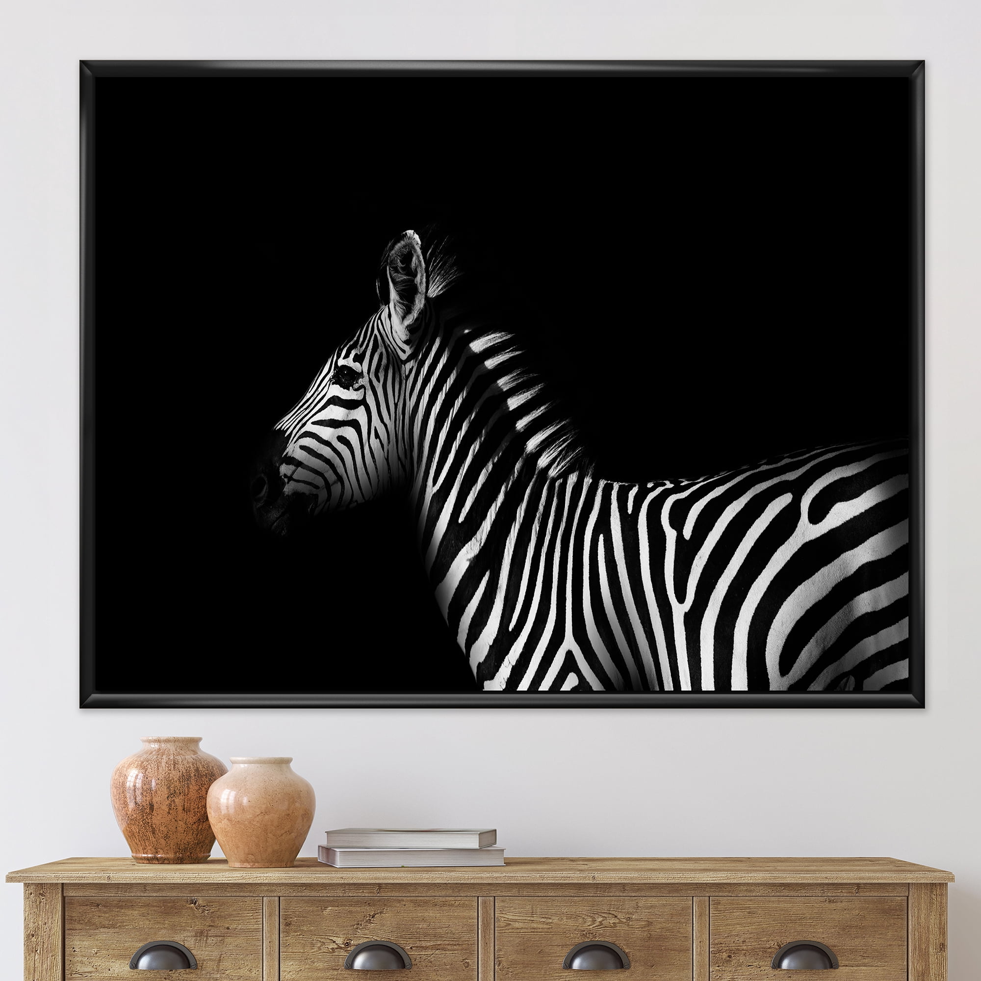 Sideview Of Zebra In White and Black 32 in x 16 in Framed Painting Canvas Art Print, by Designart