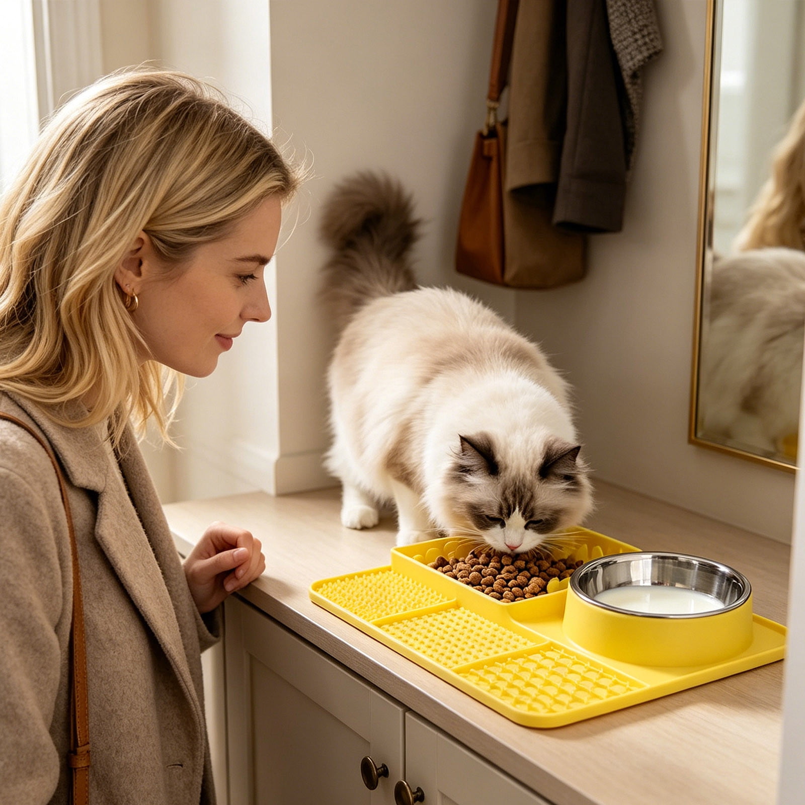 Licking Pad 5âInâ1 Silicone Slow Feeding Mat Suction Cup Antiâ Feeder Detachable Stainless Steel Bowl StressâRelief Set For Cats Dogs Puppies Daily Use 13.0 x 9.8 in Yellow