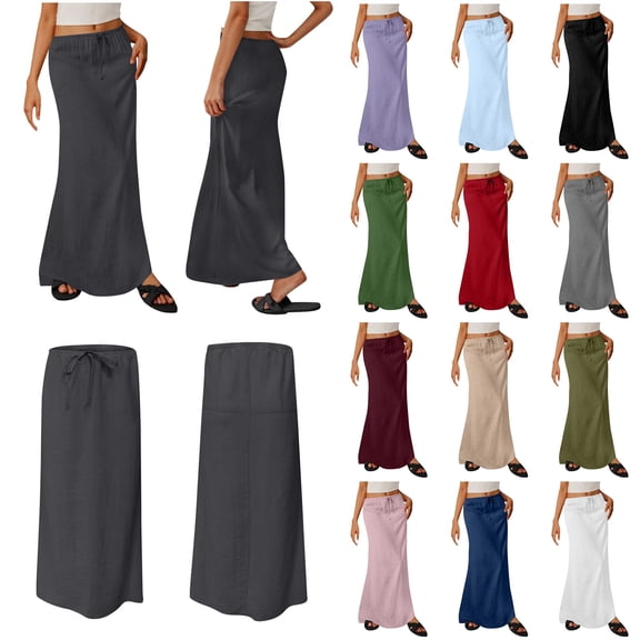 QATAINLAV Cotton Linen Skirts for Women Maxi Length Summer Skirts Drawstring Low Rise A-Line Casual Loose Flowy Beach Skirt Army Green XXL Lightning Sales