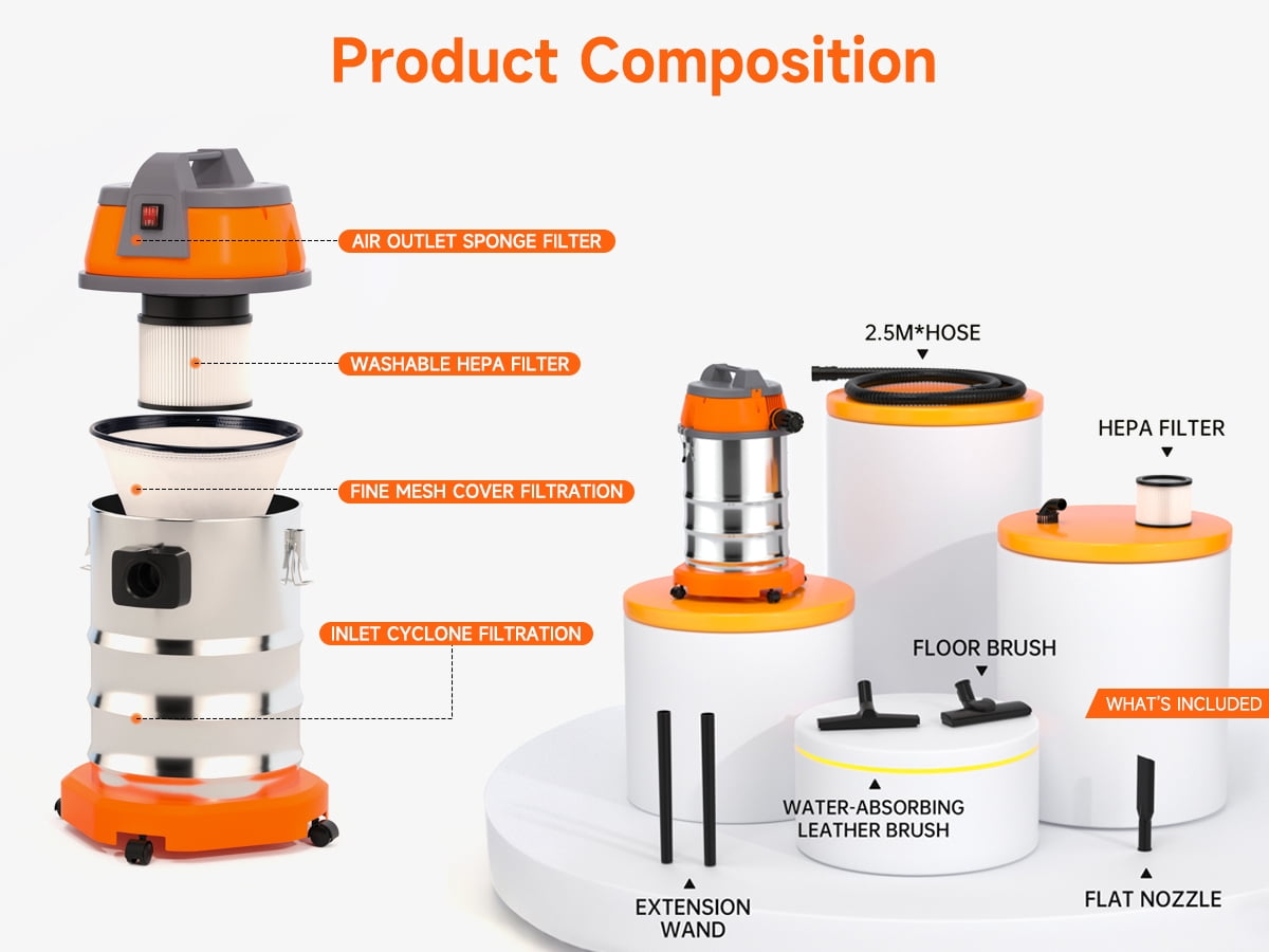 Wet Dry Vacuum Cleaner, 10 Gallon 3200w 8 HP Stainless Steel Shop Vacuum Wet and Dry, with Filter and Attachments for House Garage Workshop Car