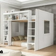thumbnail image 3 of Harper & Bright Designs Queen Hight Loft Bed with Storage Shelves & Cabinet, Solid Wood Loft Bed Frame with Bookcase and Under-Bed Space for Dorm Apartment, White, 3 of 12