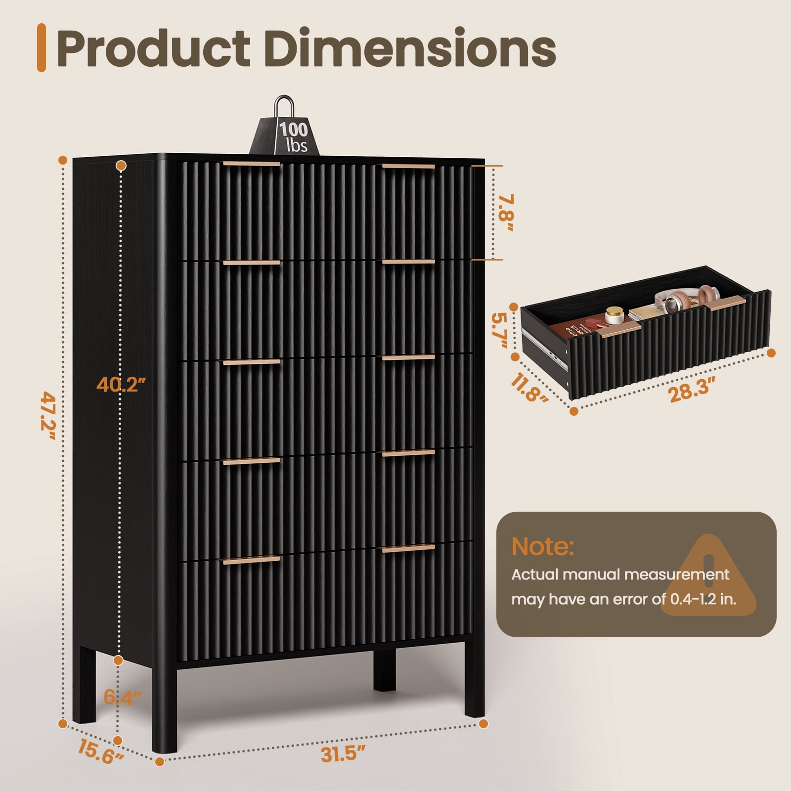 Fluted 5 Drawer Dresser for Bedroom 47" Wide Wooden Dresser TV Stand Modern Storage Organizer for Living Room, Hallway, Black