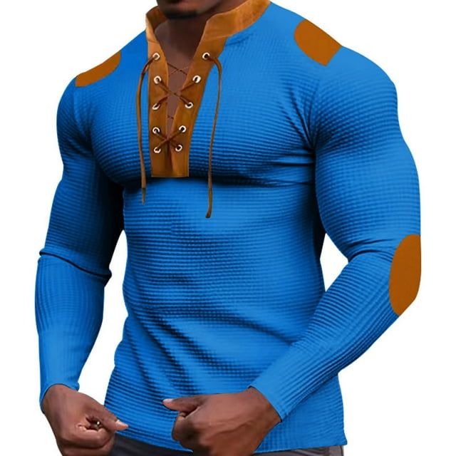 pstuiky manga larga para hombre, Camiseta de manga larga con cuello alto y cordón en el pecho para hombre, de estilo informal, con combinación de colores top de hombre m