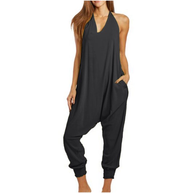 Jumpsuits for Women Halter Backless Summer Rompers Beam Foot Long Pants One Piece Outfits Playsuits with Pockets