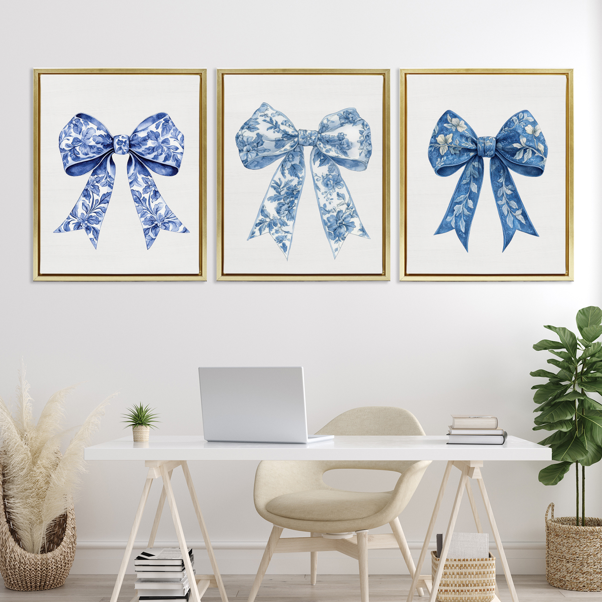 Vintage Toile Pattern Bows 3 Piece Gold Framed Floater Canvas Set, design by Lettered and Lined