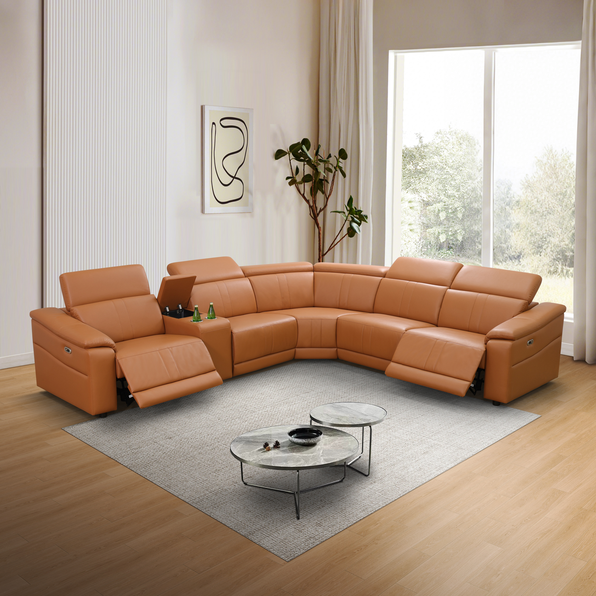 MAYEERTY L-Shaped Recliner Sofa Set, Breathing Leather with Console & USB Charging for Family Living Room