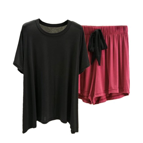 Women's Loose Casual Crew Neck Short Sleeve T-Shirt Shorts Set Solid Color Loungewear Pajamas Black Size L