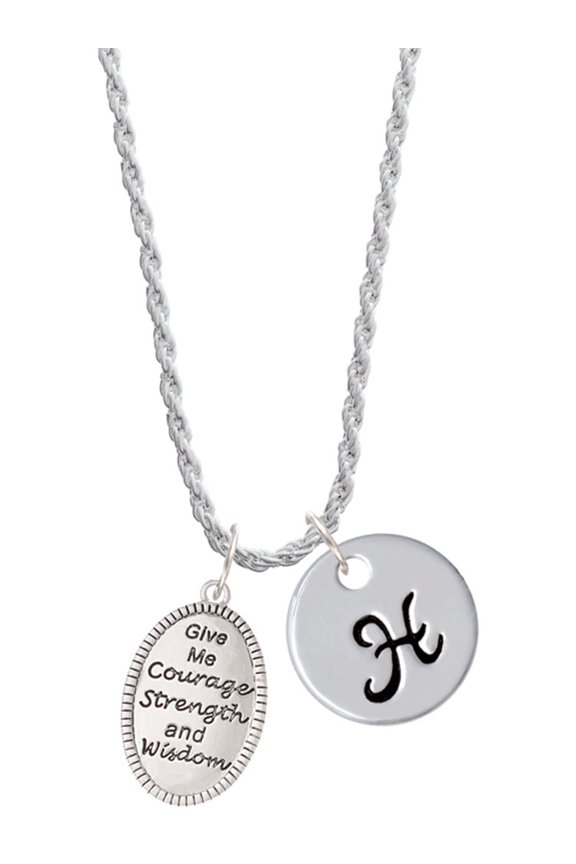 Give Me Courage Strength Wisdom Medallion Silvertone Script Initial Disc - H - Charm Necklace, 20"+3"