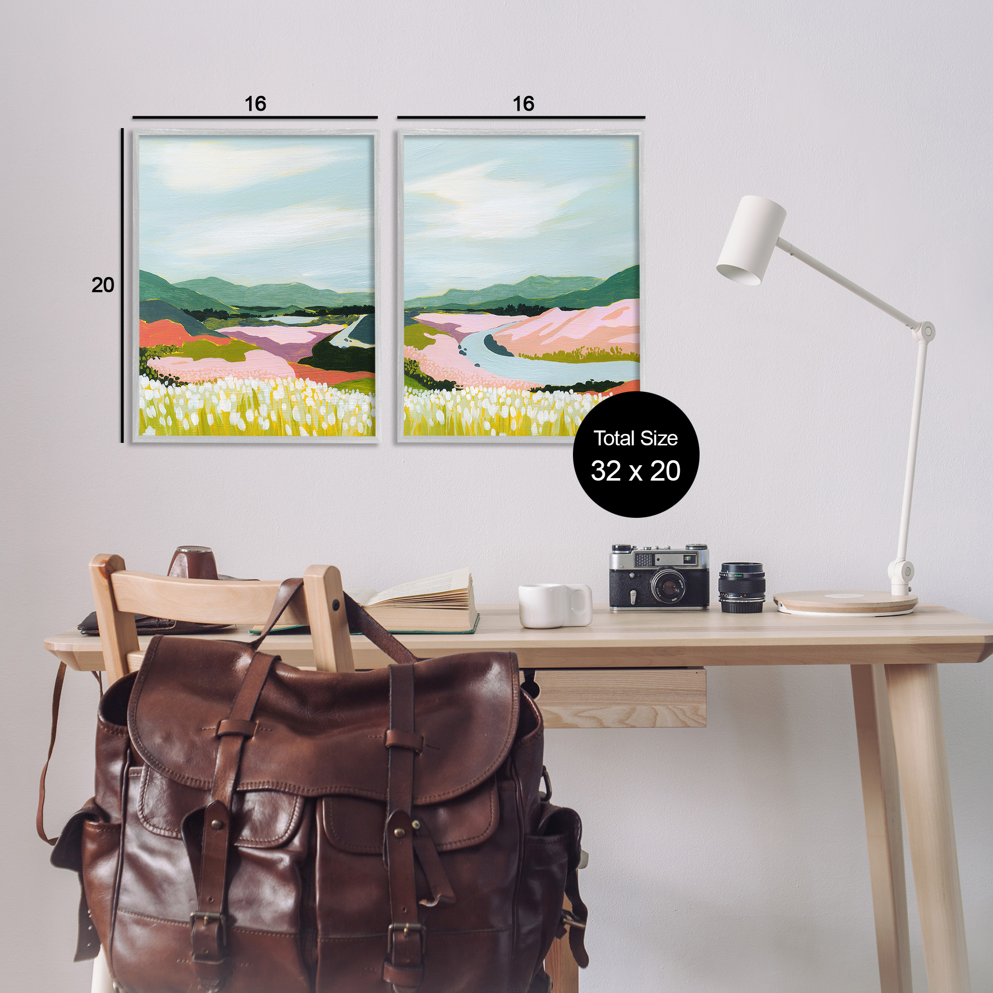 Stupell Industries Mountain Valley Meadow Landscape Painting Gray Framed Art Print Wall Art, 16 x 20, Set of 2