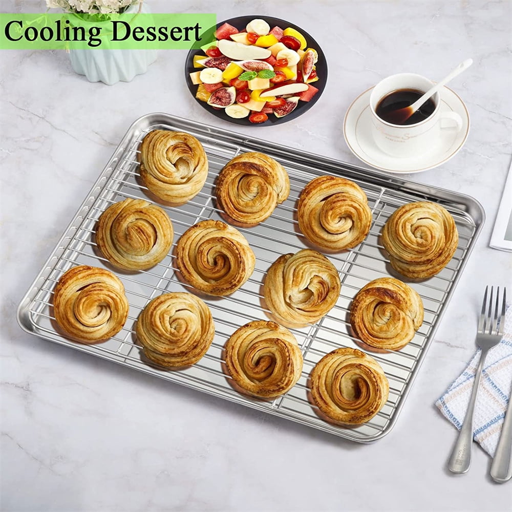Casewin Baking Sheet with Rack Set 1 Sheet + 1 Rack,Stainless Steel Cookie Sheet with Cooling Rack, Baking Pan Tray with Wire Rack, Healthy & Non Stick & Dishwasher Safe