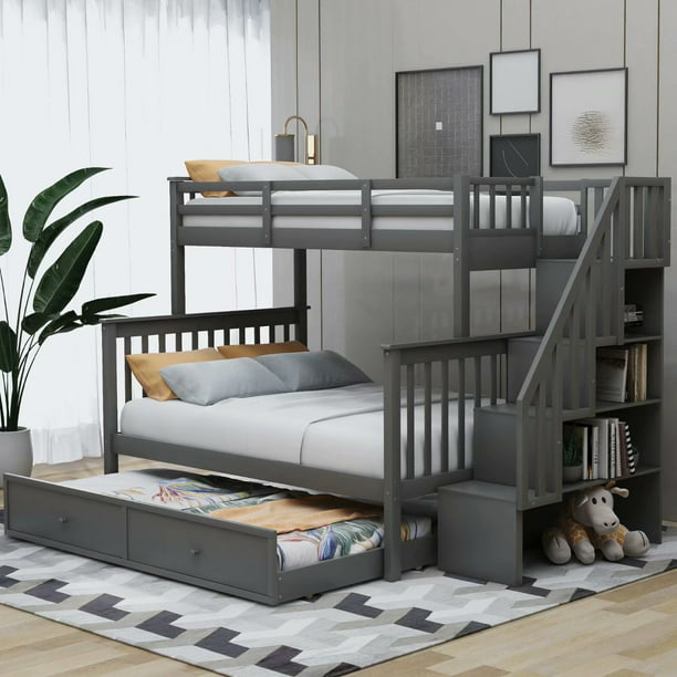 Solid Wood Bunk Bed Frame With Stairs, Twin Bunk Bed With Drawers Underneath