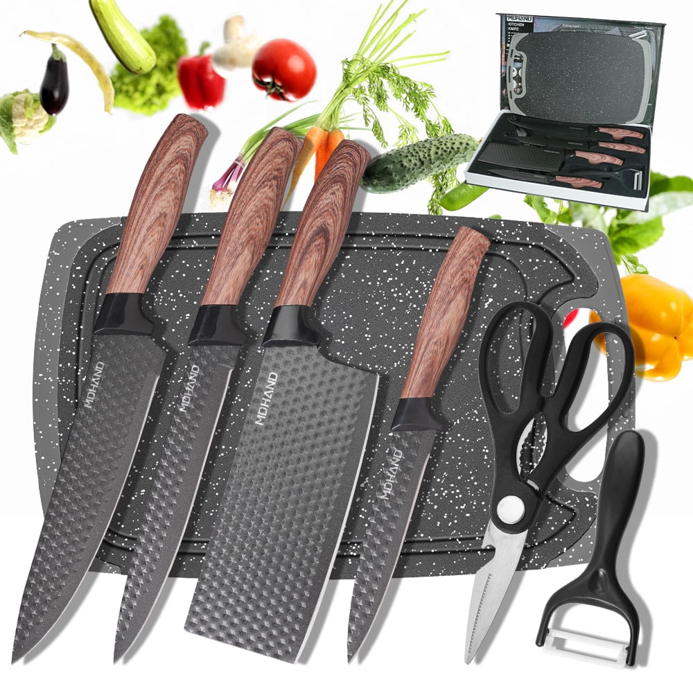 MDHAND 7-Piece Kitchen Knife Set ,Non-Stick Diamond Finish, Brown Wooden Handles, Cutting Board, Scissors, Peeler – Essential Cooking Tools in Gift Box