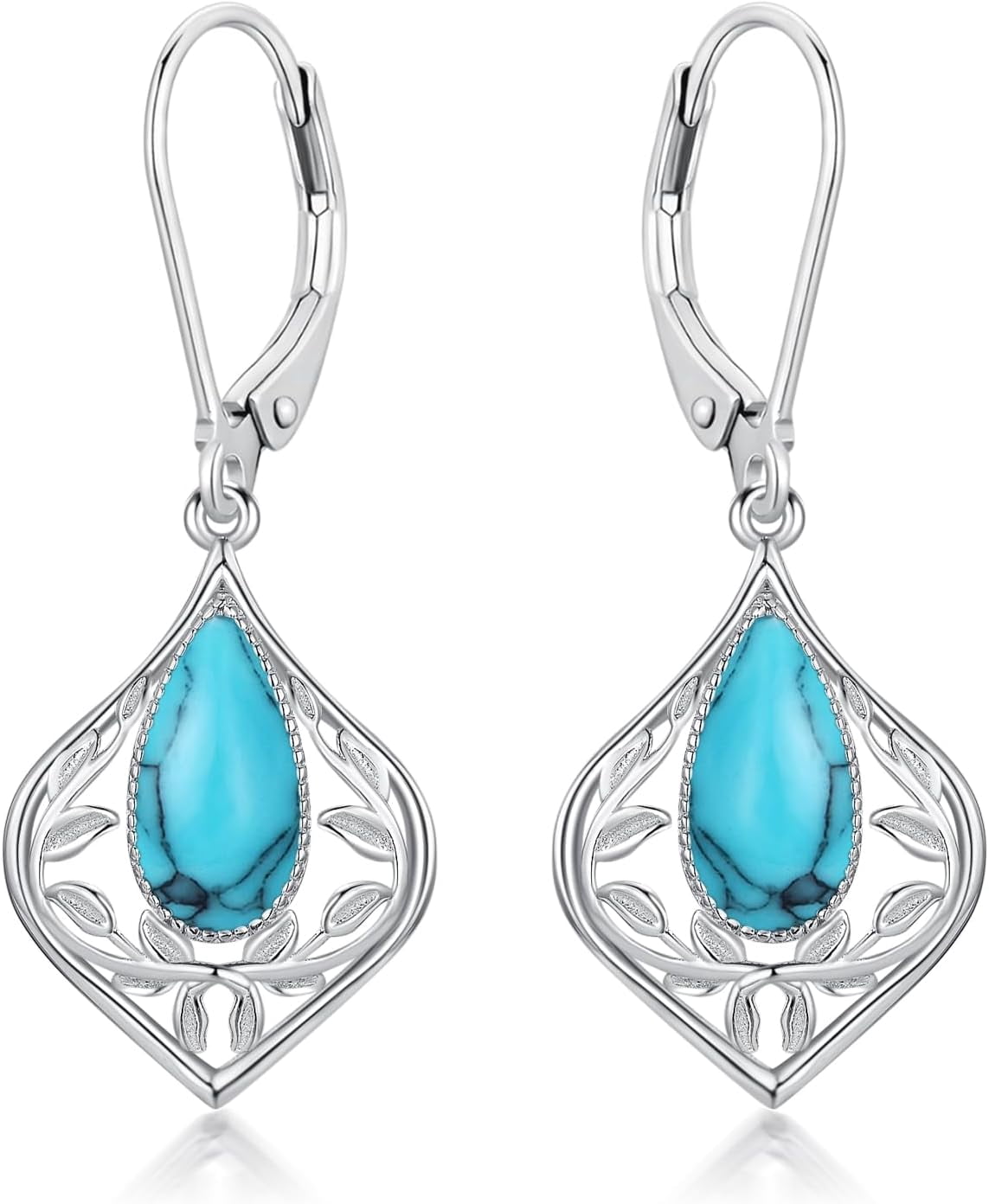 JKR Moss Agate Filigree Teardrop Earrings 925 Sterling Silver Gemstone Leverback Earrings Jewelry Birthday Valentines Mothers Day Gifts for Women