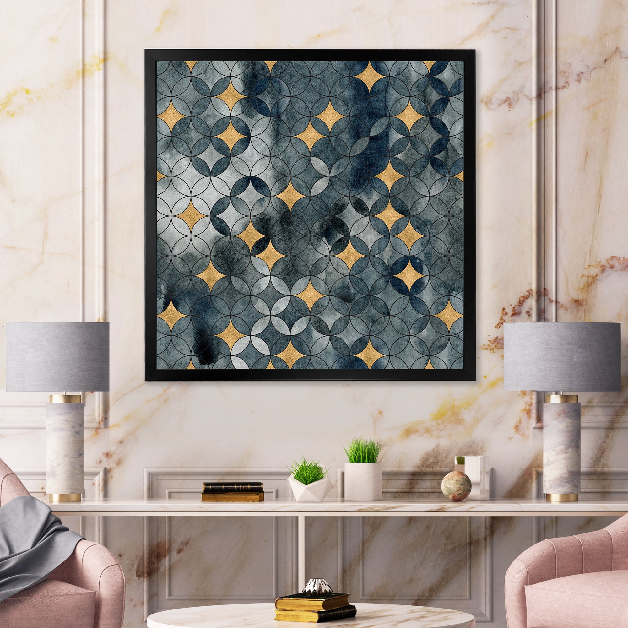 Designart 'Geometry Golden Stars With Intersecting Circles' Modern Framed Art Print