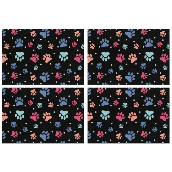 Black Dog Paw Footprint Summer Placemats Table Placemats Set Of 4-Linen Kitchen Washable Placemats Table Mats 11.8"x17.7"Non-Slip Heat Resistant