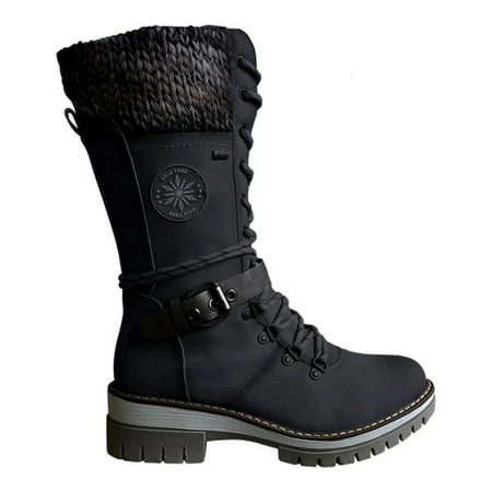 

Women Buckle Lace Knitted Mid-calf Boots Low Heel Round Toe Boots New