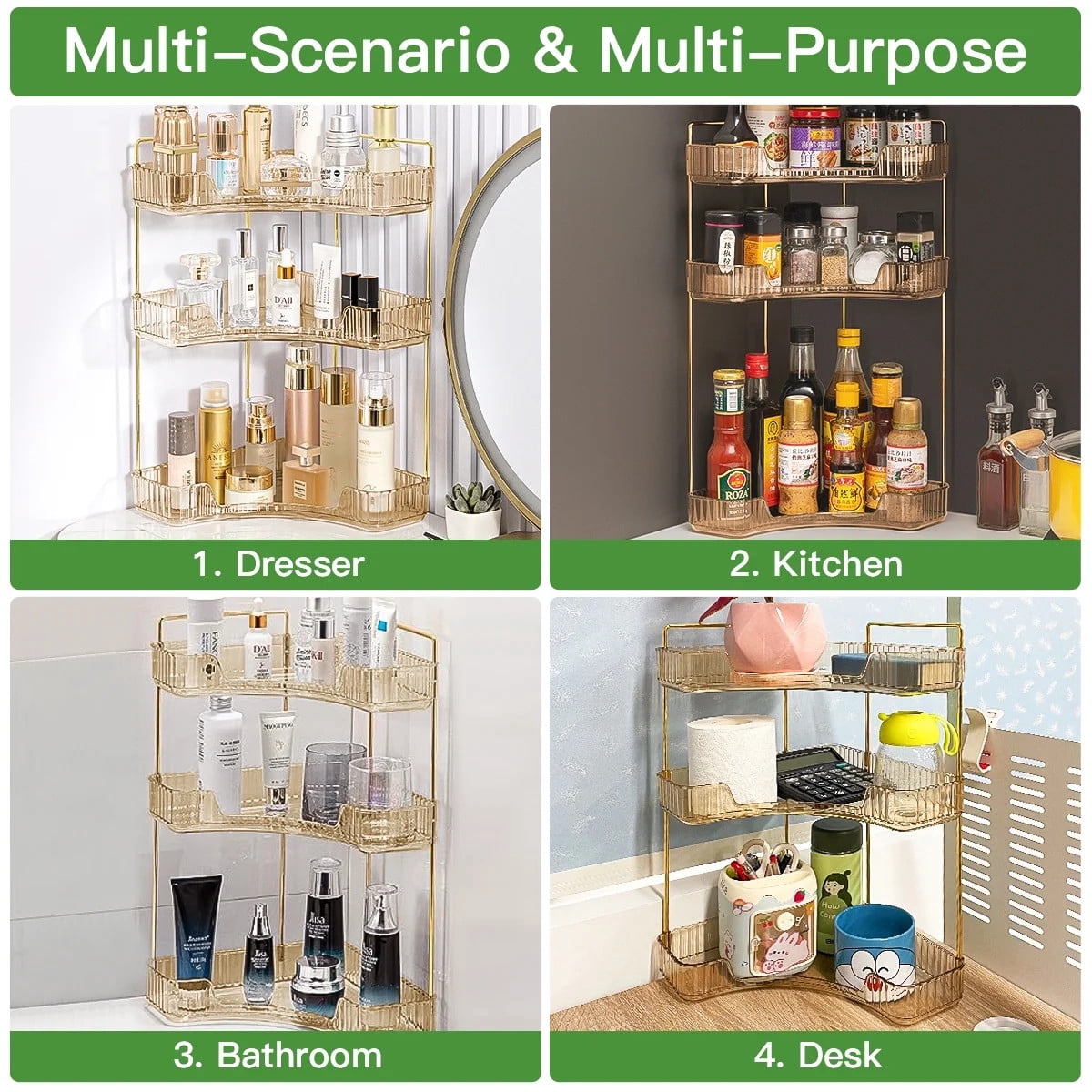 TEAFIRST 3-Tier Makeup Organizer, Bathroom Corner Countertop Organizer Space Saving waterproof Gold