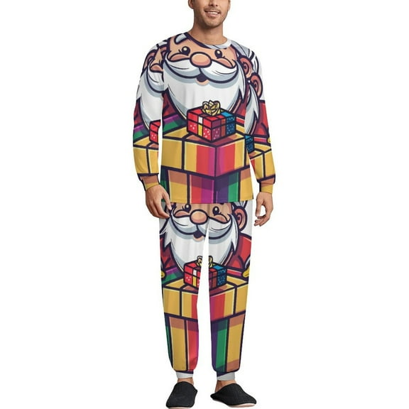 Santa Claus With Gift Men's Pajama Set Sleepwear Pjs Lightweight Long Sleeve Crewneck Shirts and Bottoms Soft Comfy Sleep Sets XS
