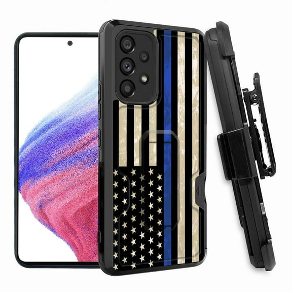 ANJ  Rugged Shockproof Hoster Case w/Card Slot, Kickstand   Tempered Glass Cover for Samsung Galaxy A33 5G - Grunge Blue Thin Line