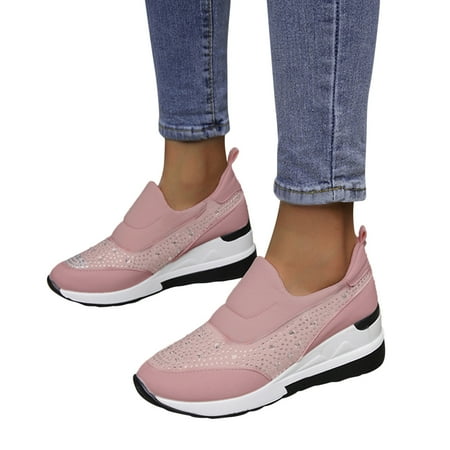 Oyedens Rhinestones Platform Wedge Walking Shoes for Women Fashion Slip on Loafers Casual Sneakers