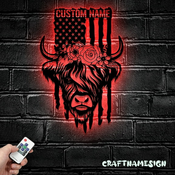 Craftnamesign Custom US Highland Cow Farmhouse Metal LED Light, Custom Heifer Farm Sign, Home Decor