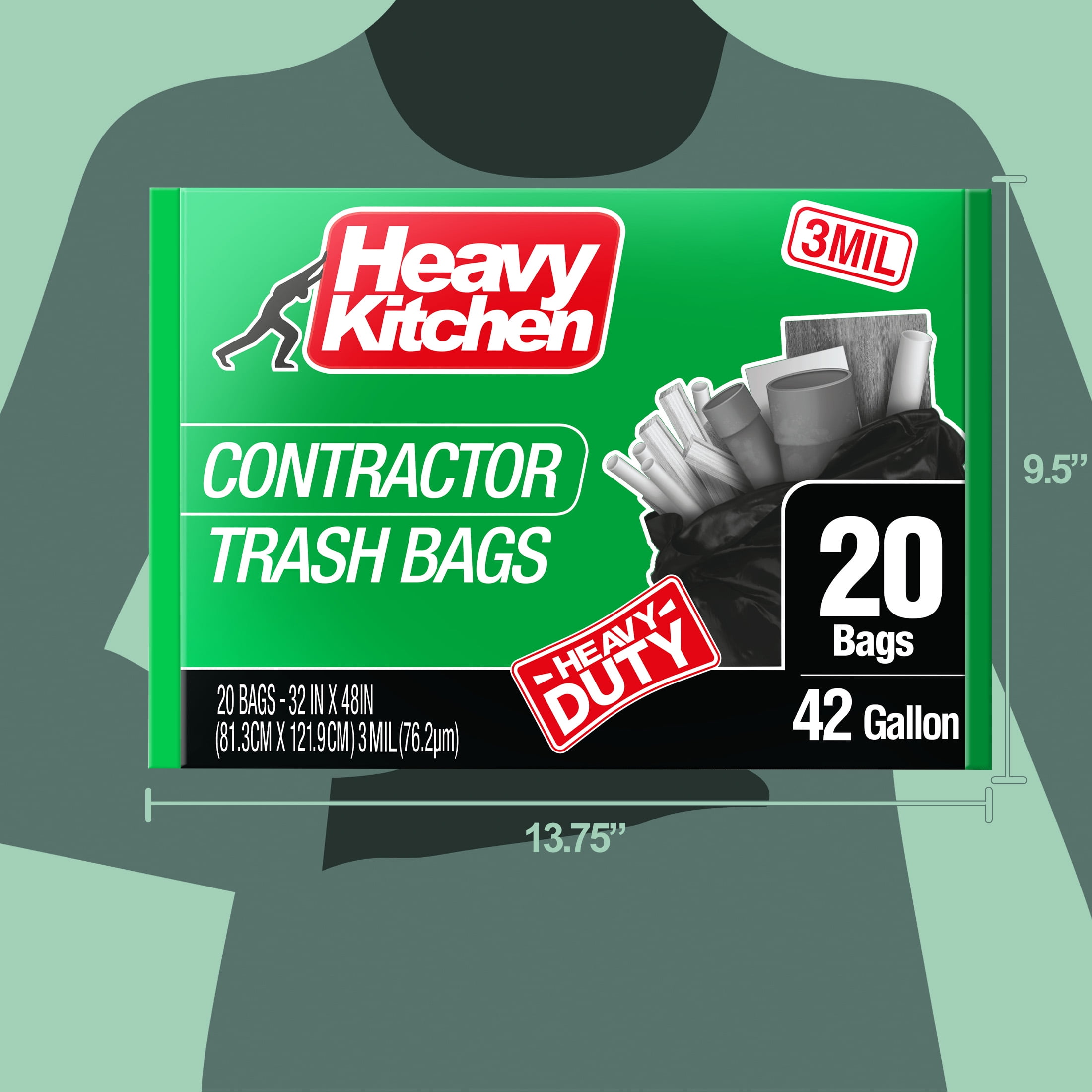 Heavy Kitchen 42 Gallon Black Contractor Trash Bag, 20 Bags