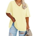 thumbnail image 2 of vigerkar Women's Oversized T Shirts V Neck Comfy Tees Summer Half Sleeve Casual Cozy Cotton Tunic Tops Plus Size Light Yellow, 3XL, 2 of 4