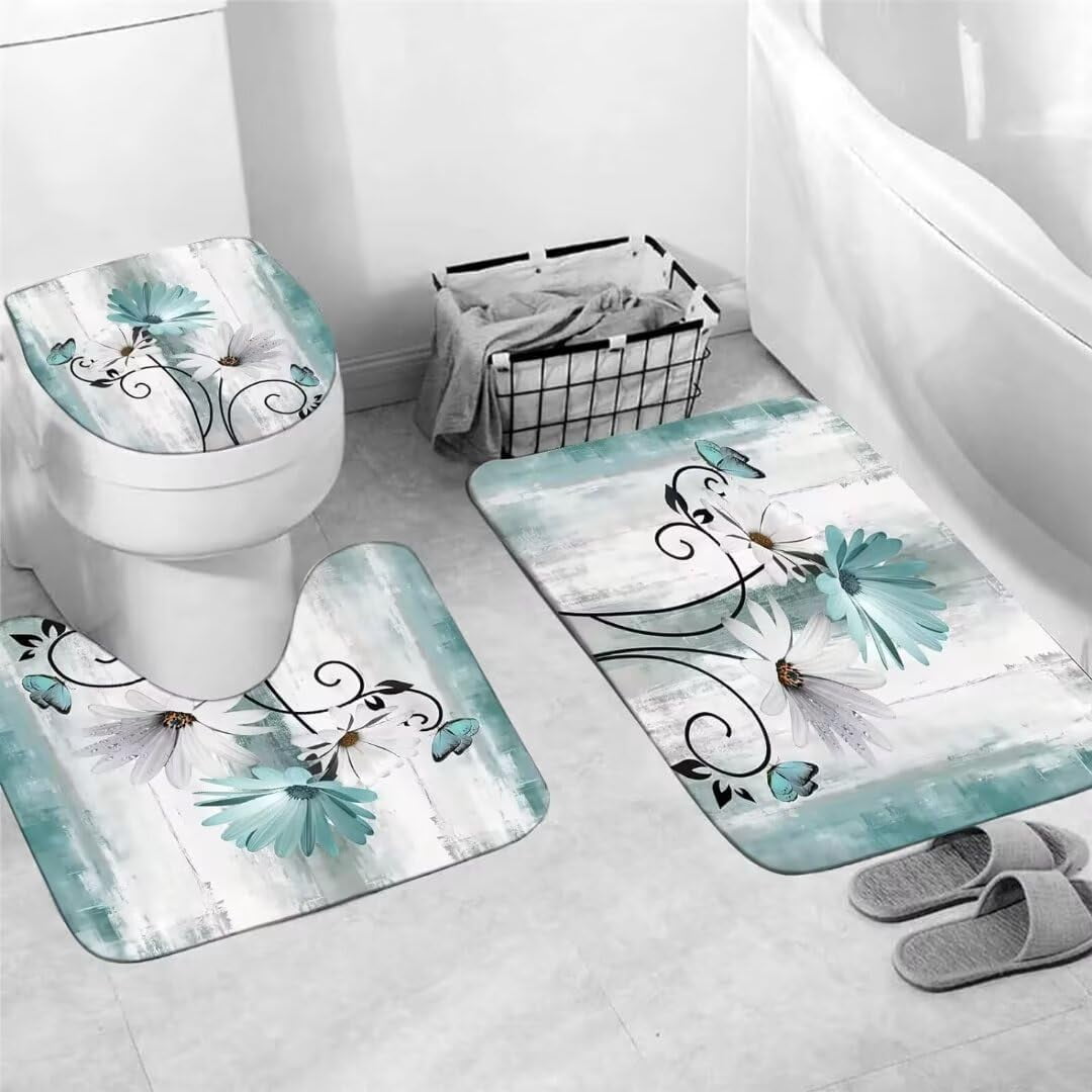 4PCS Teal Daisy Country Farmhouse Shower Curtain Set with Shower Curtain and Carpet and Accessories, Waterproof Bathroom Shower Curtain Decorative Set with 12 pcs Hooks,71 x 71in