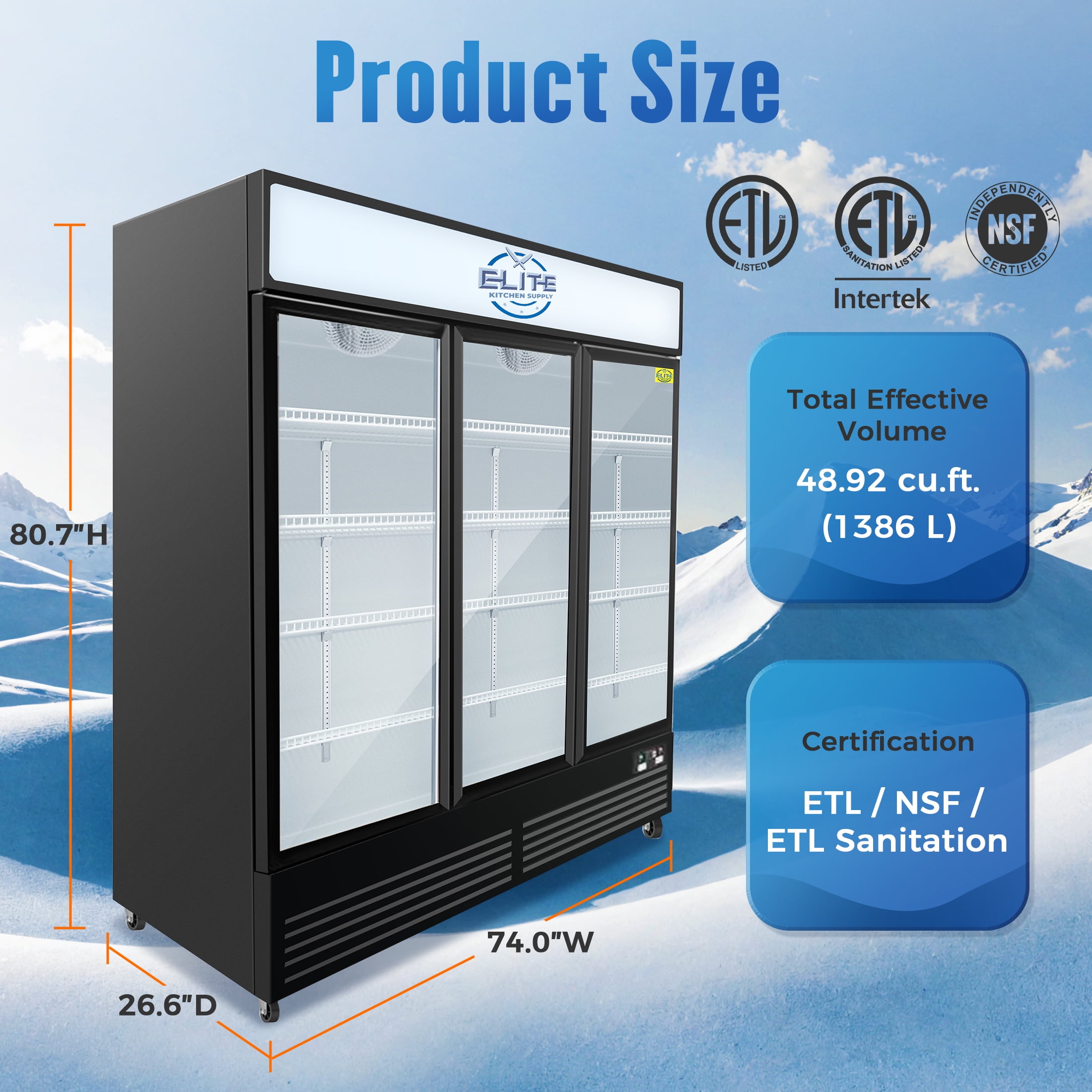 NSF 74 in. Commercial Glass Door Merchandiser 49 Cu.Ft. 3-Door Refrigerator Energy Saving Cooler ETL
