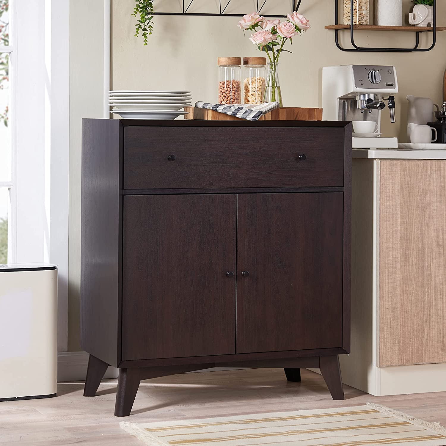 OKD Mid Century Modern Coffee Bar with Drawers and Adjustable
