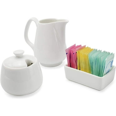 Darware Sugar and Creamer Set; 3-Piece Set w/Cream Pitcher, Sugar Bowl, Sweetener Packet Holder, White Ceramic Tea/Coffee Set