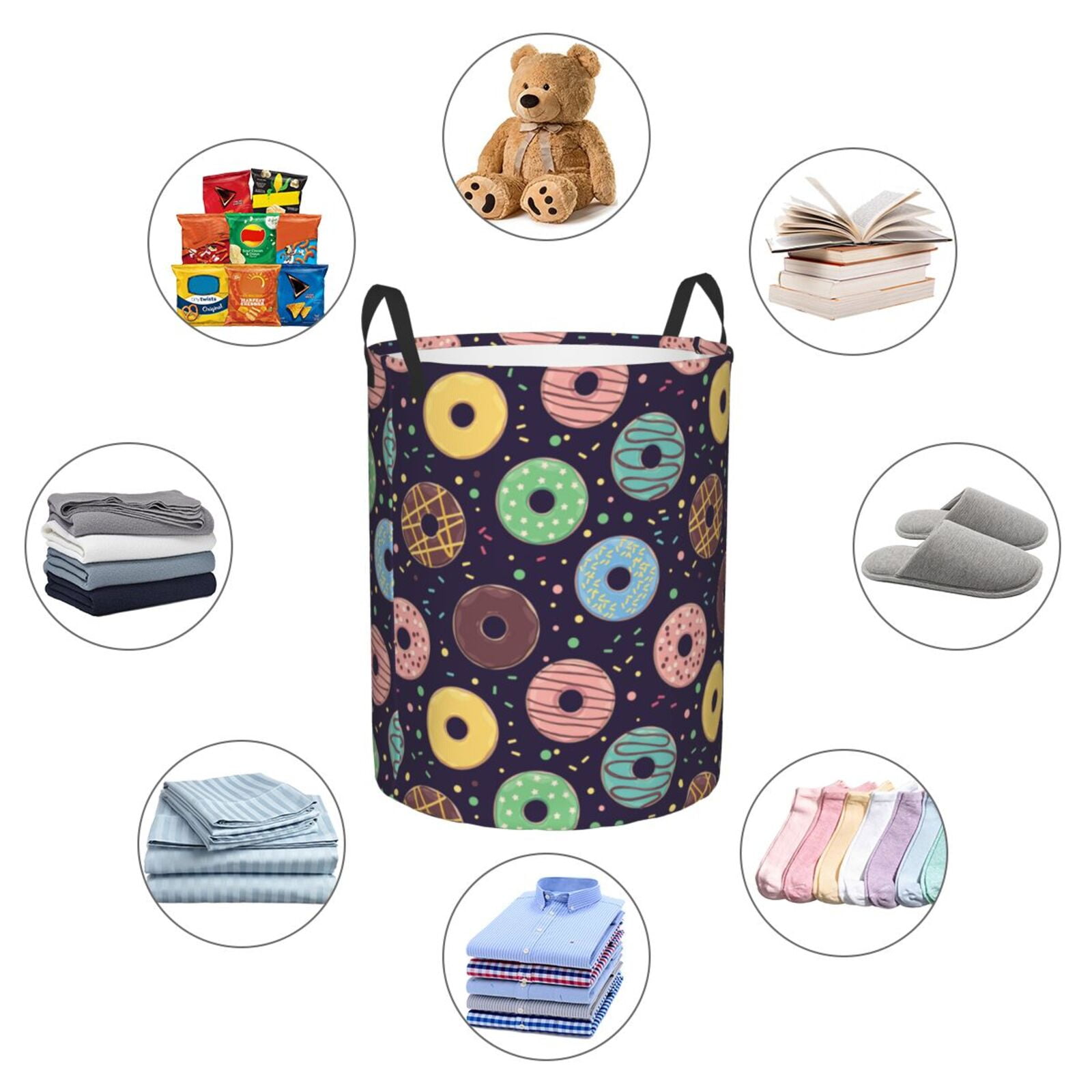 Large Laundry Basket with Handles - Donut Print No.9065 Kids Baby Dirty Clothes Laundry Hamper for Bedroom Aesthetic