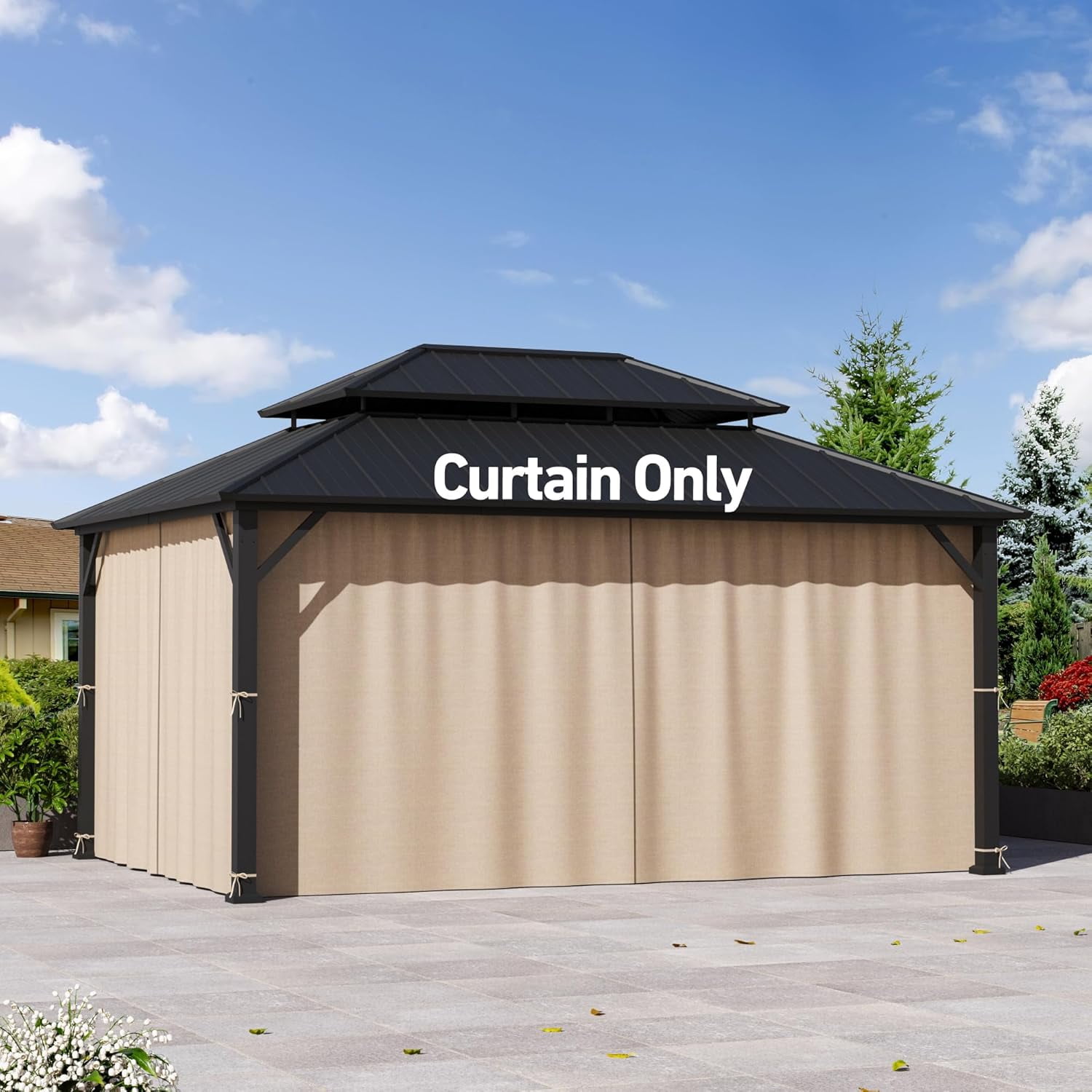 Modern Shade 12'x16' Gazebo Curtain Replacement, Flame-Retardant Waterproof for Patio Backyard, Khaki (Curtain Only)