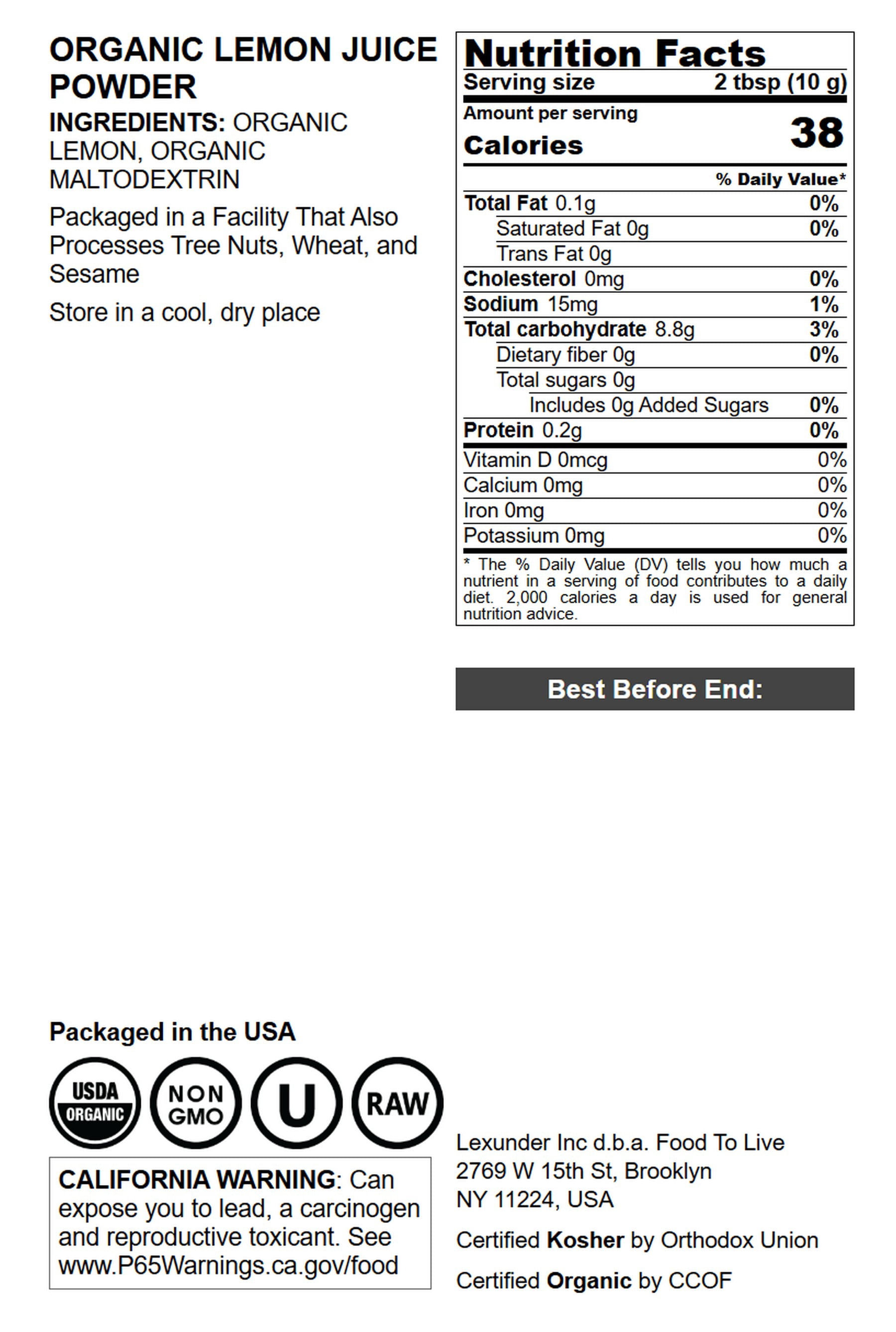 Organic Lemon Juice Powder, 2 Pounds — Non-GMO, Kosher, Raw, Vegan — by Food to Live