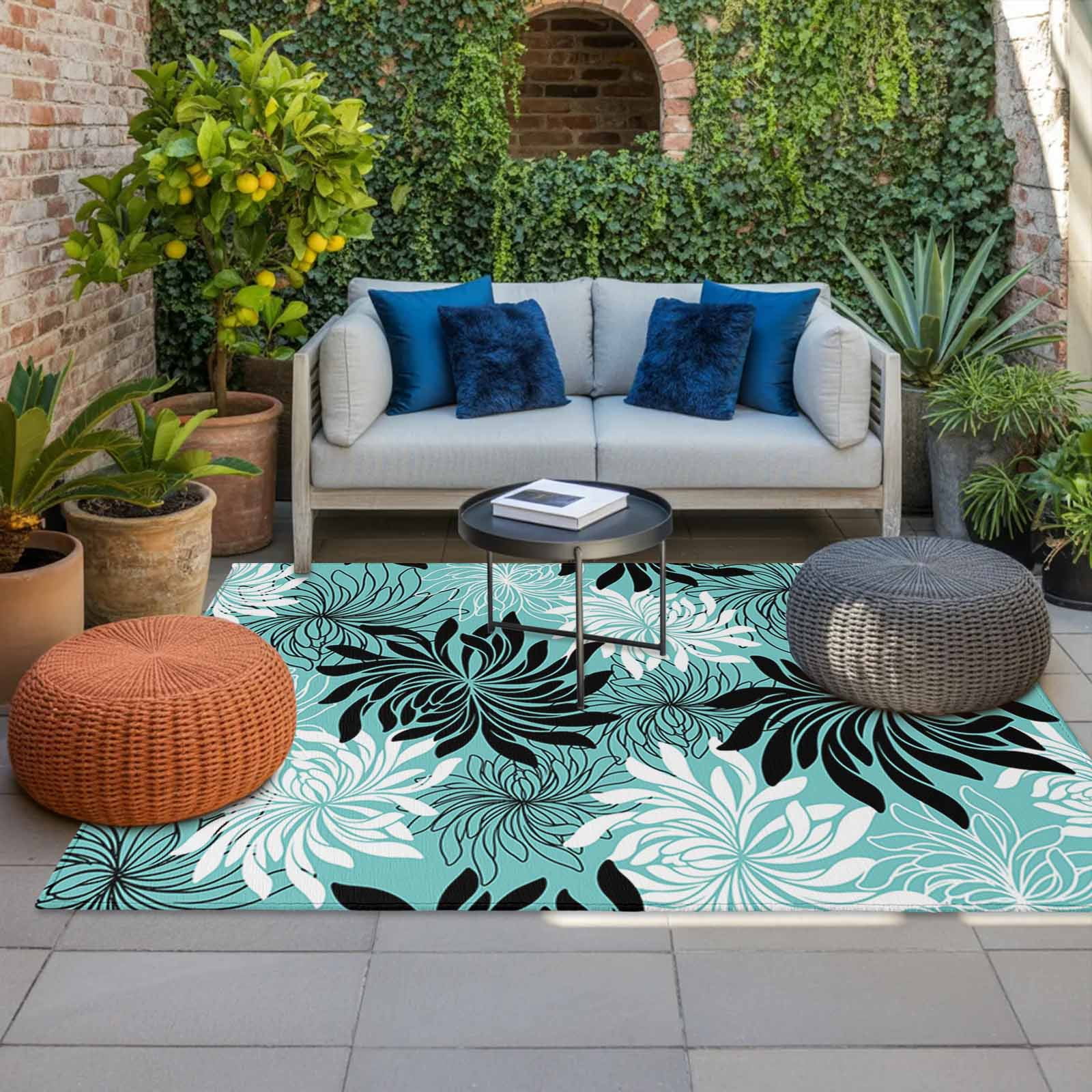 Teal Black Flowers Outdoor Rug for Patio/Deck/Porch, Non-Slip Large Area Rug 6 x 9 Ft, Modern Abstract Blooms Floral Indoor Outdoor Rugs Washable Area Rugs, Reversible Camping Rug Carpet Runner
