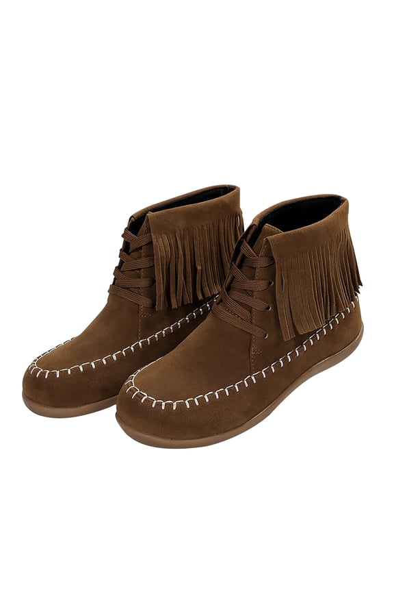 Women's Suede Fringe Ankle Boots Lace Up Booties Comfortable Flat Shoes Fall Winter Warm Footwear Brown 38