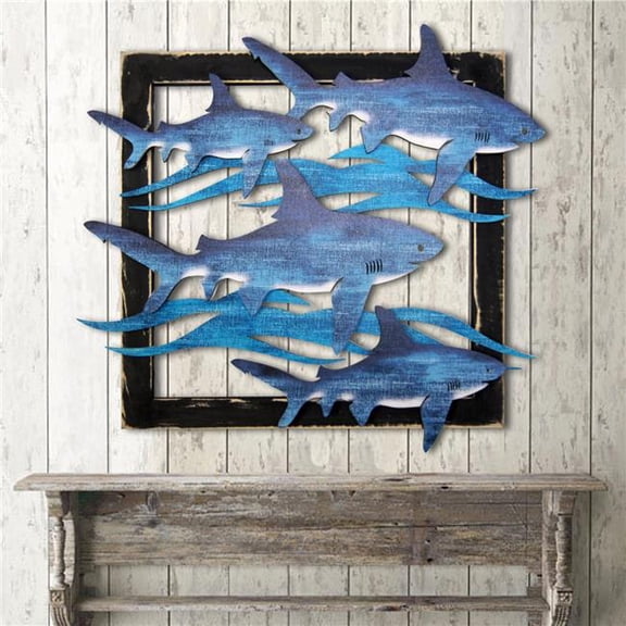 Designocracy G98515S4-18 Sharks in Frame Wooden Art