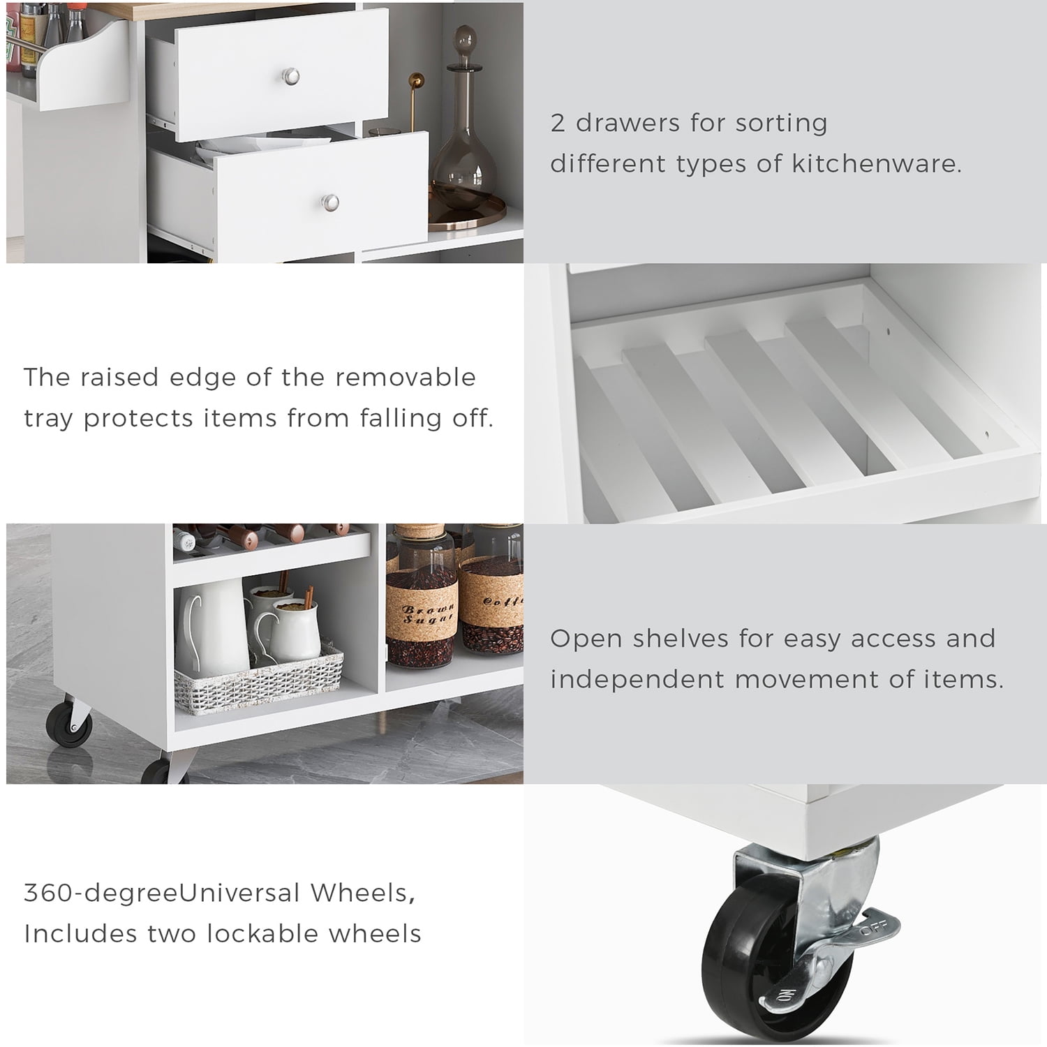 Kepooman Kitchen Cart with Spice Rack, Towel Rack & Two Drawers, Kitchen Island on Wheels for Your Daily Food Preparation, White Kepooman Kitchen Cart with Spice Rack, Towel Rack & Two Drawers, Kitchen Island on Wheels for Your Daily Food Preparation, White
