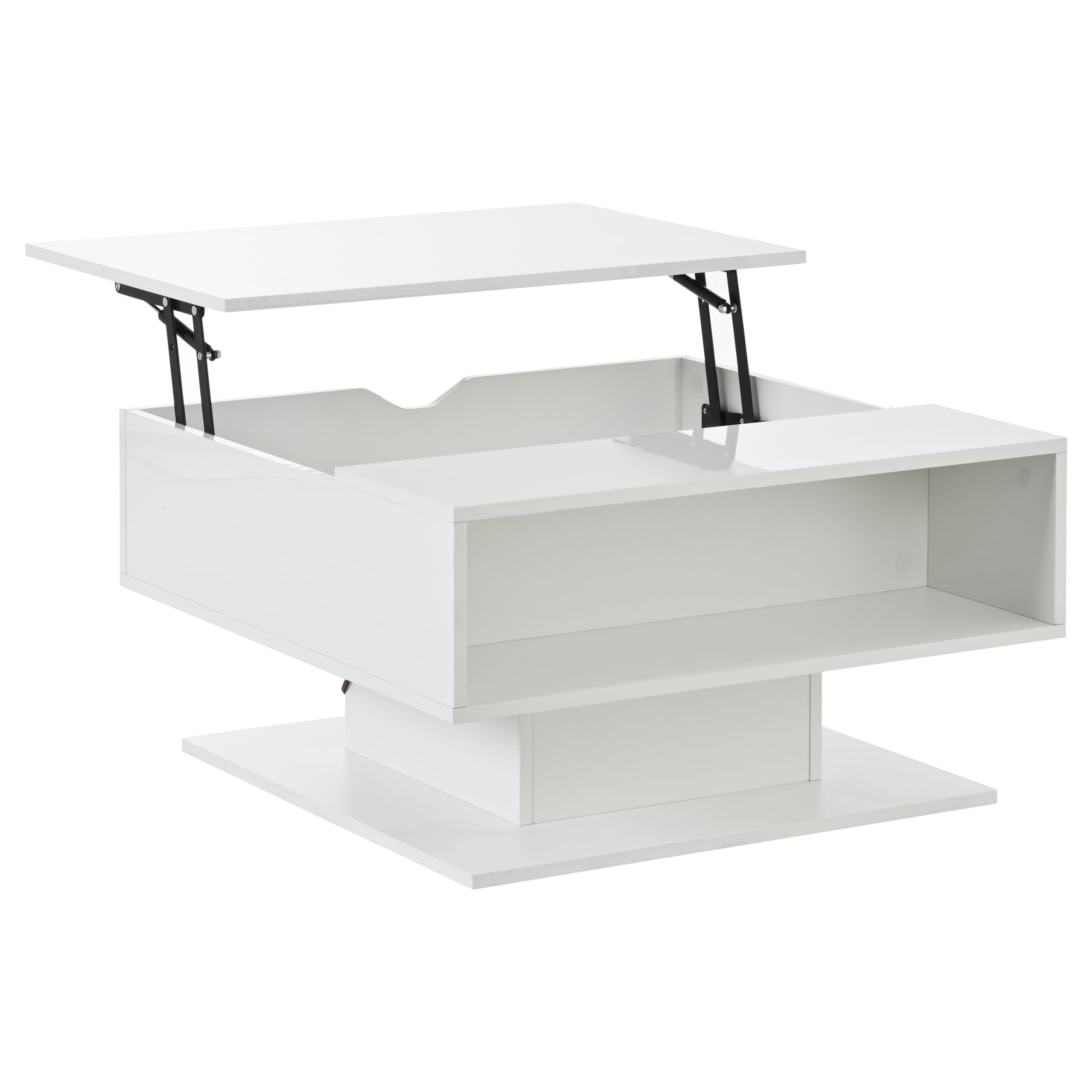 Homy Casa, table basse relevable blanche avec DEL, rangement ouvert et fini haute brillance pour salon